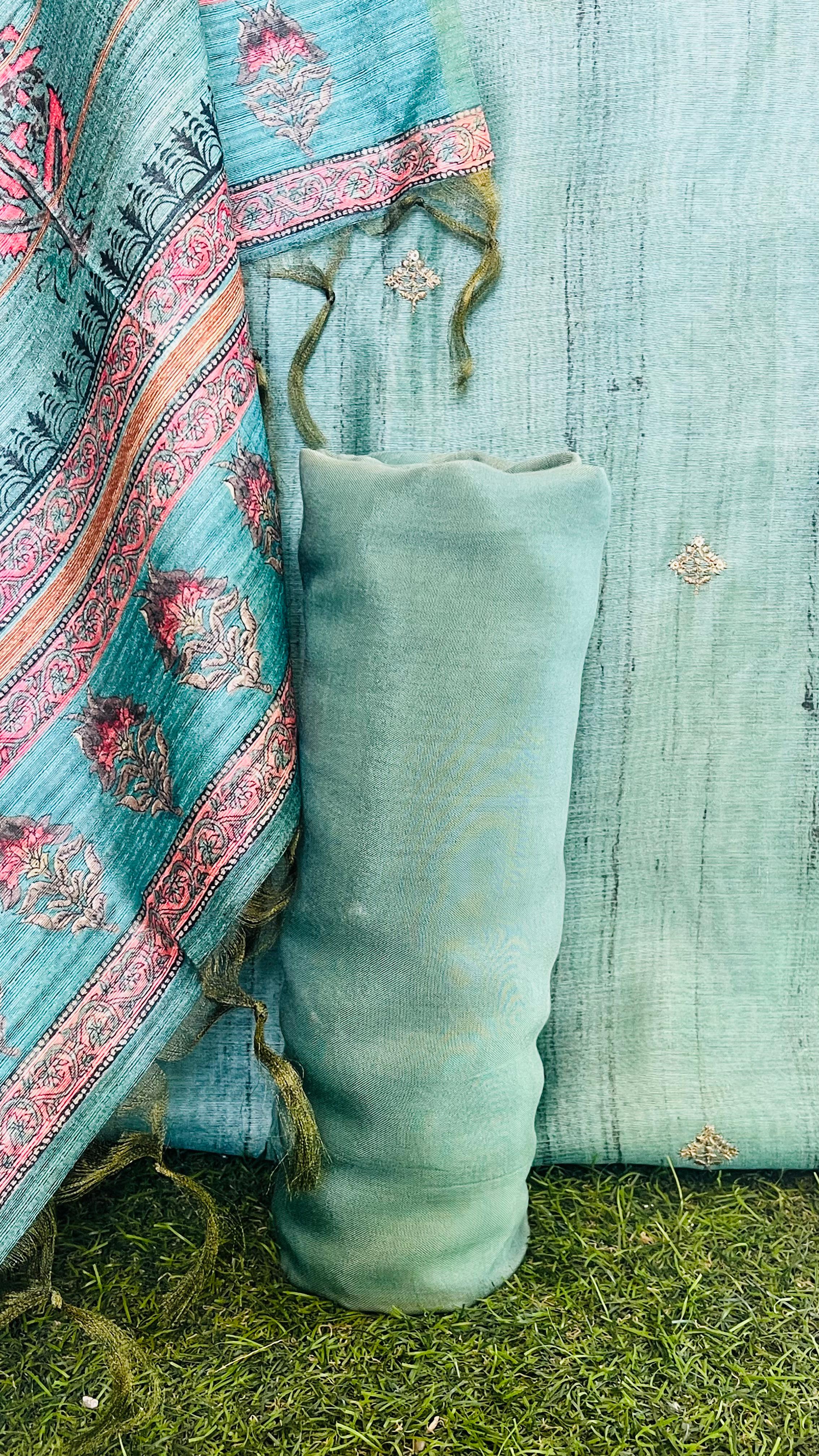 Sea Green Chanderi Silk Unstitched Suit - Image 3