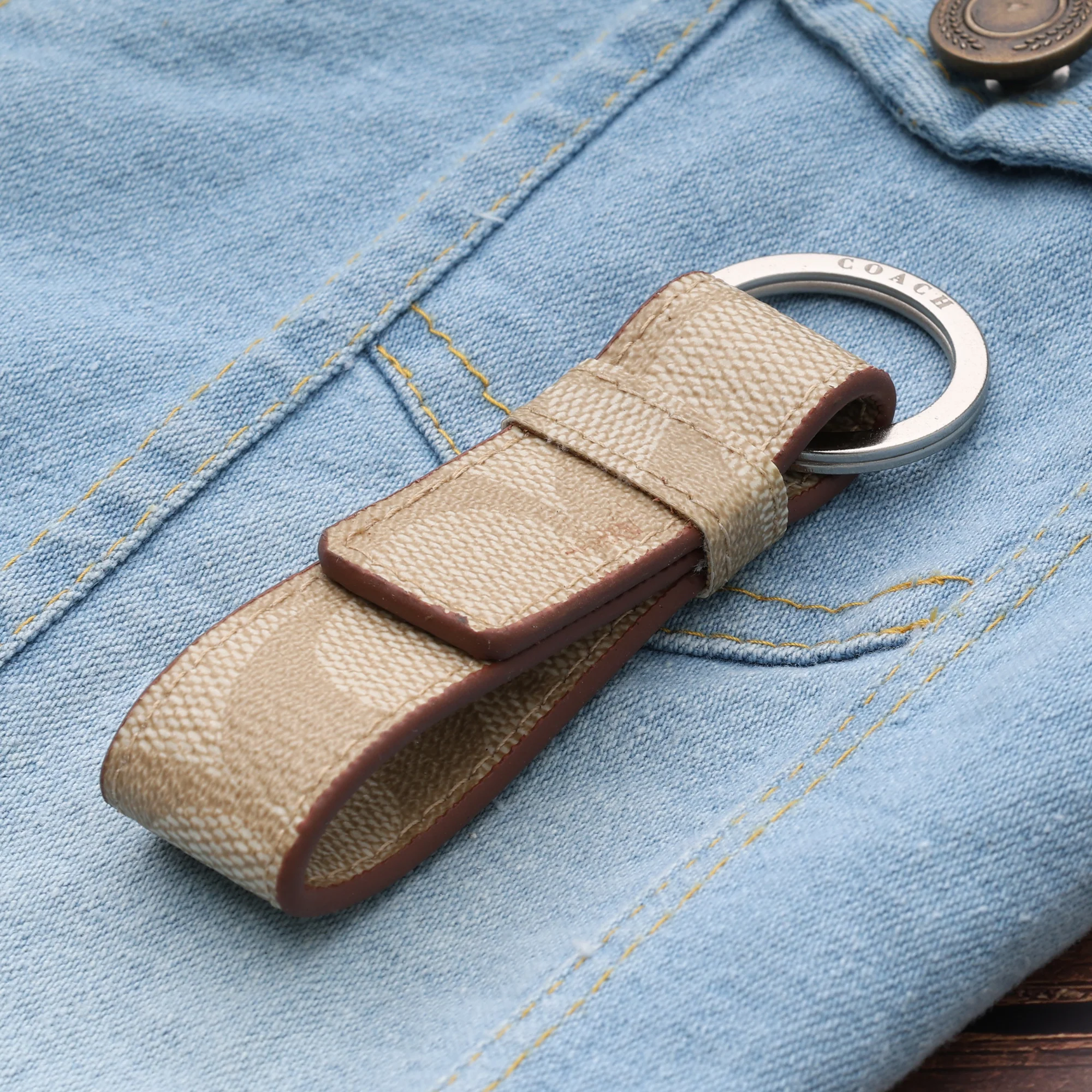 Signature Canvas Beige Key Fob - Image 4